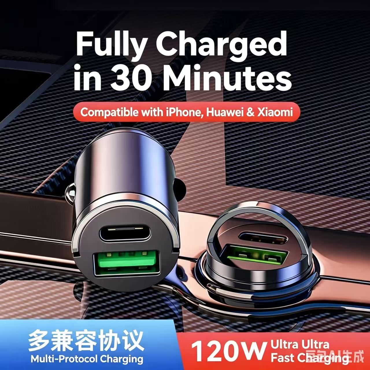 Sleek Hidden 100W Car Charger, Premium Metal Dual Port Ultra Fast Charger