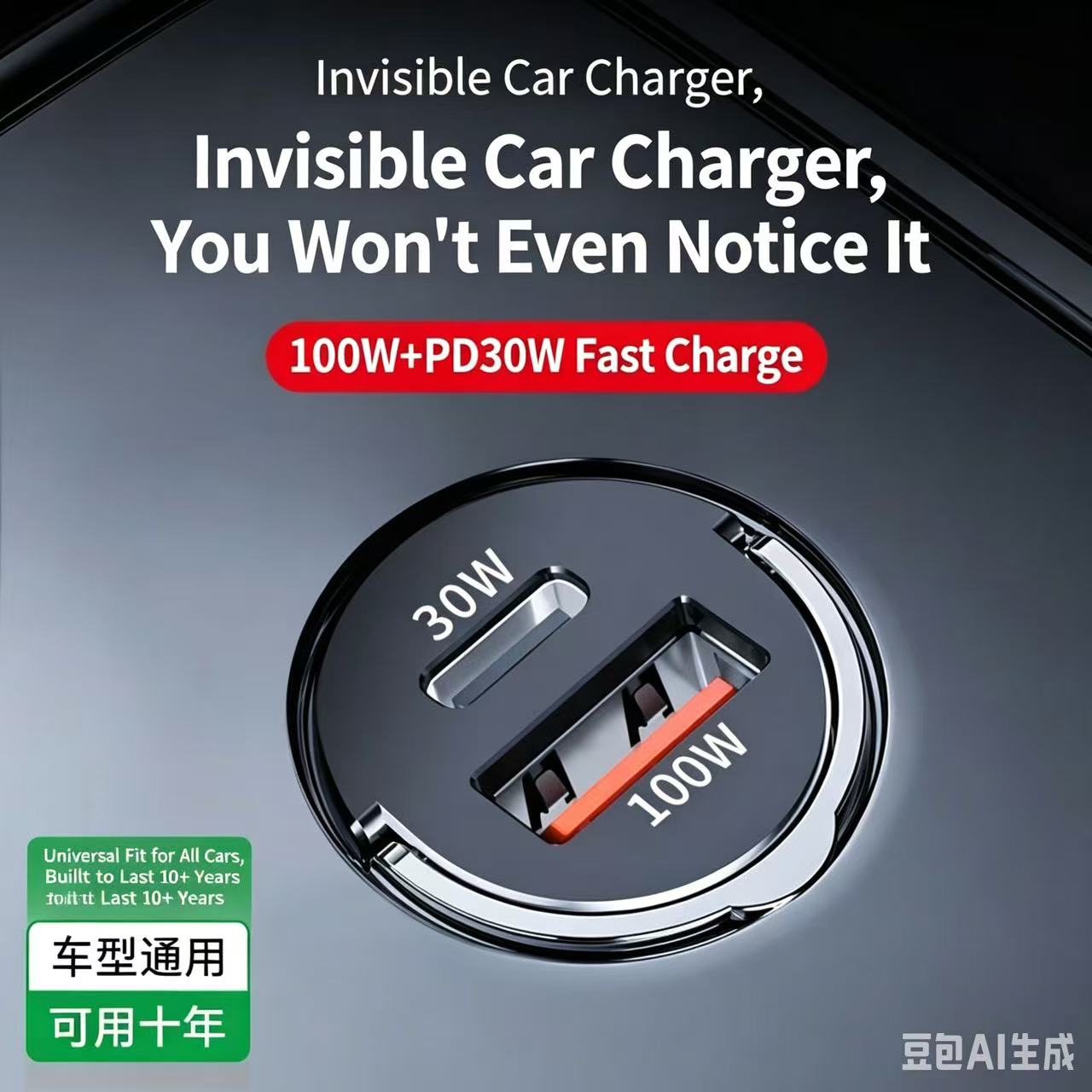 Sleek Hidden 100W Car Charger, Premium Metal Dual Port Ultra Fast Charger