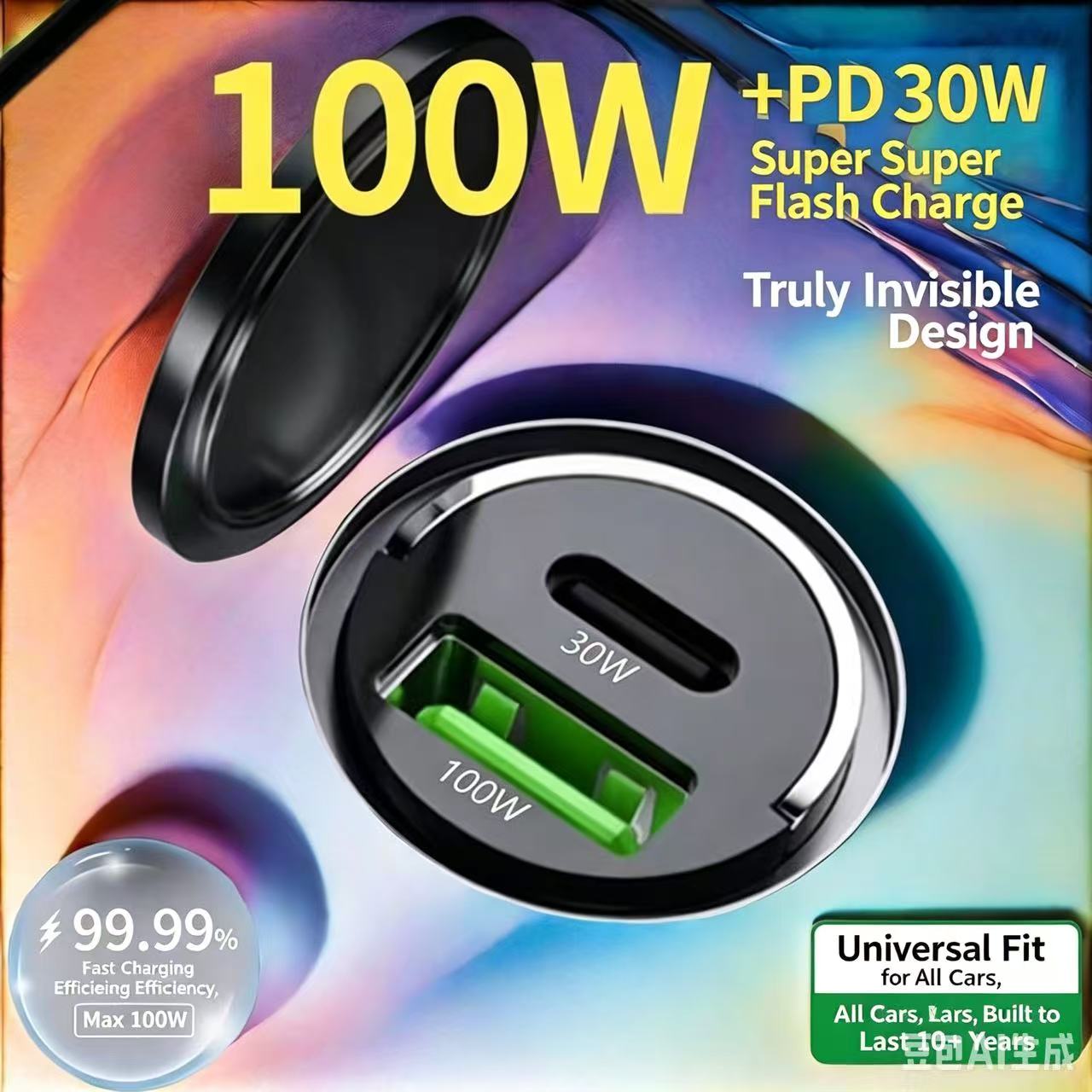 Sleek Hidden 100W Car Charger, Premium Metal Dual Port Ultra Fast Charger